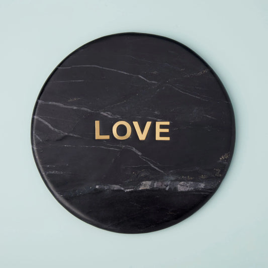 Salerno Black Marble "Love" Board - A luxurious Salerno Black Marble "Love" Board from GRACE BLU SHOPPE, ideal for serving or as a statement piece.